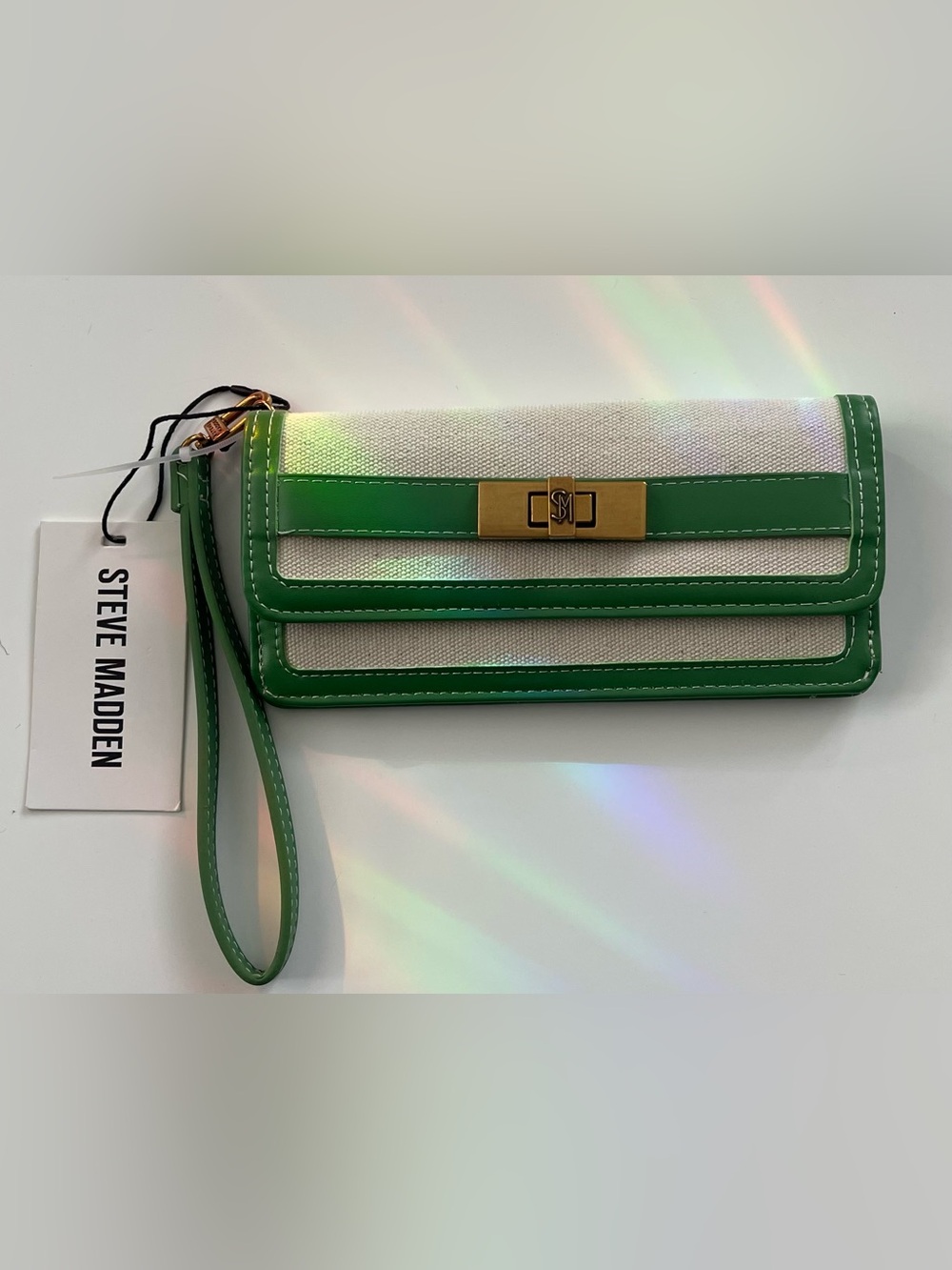 Steve Madden Canvas And Green Synthetic Leather Wristlet Wallet
